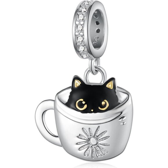 Black Cat Charm Sterling Silver Cute Jewelry Gift for Women - Picture 1 of 6